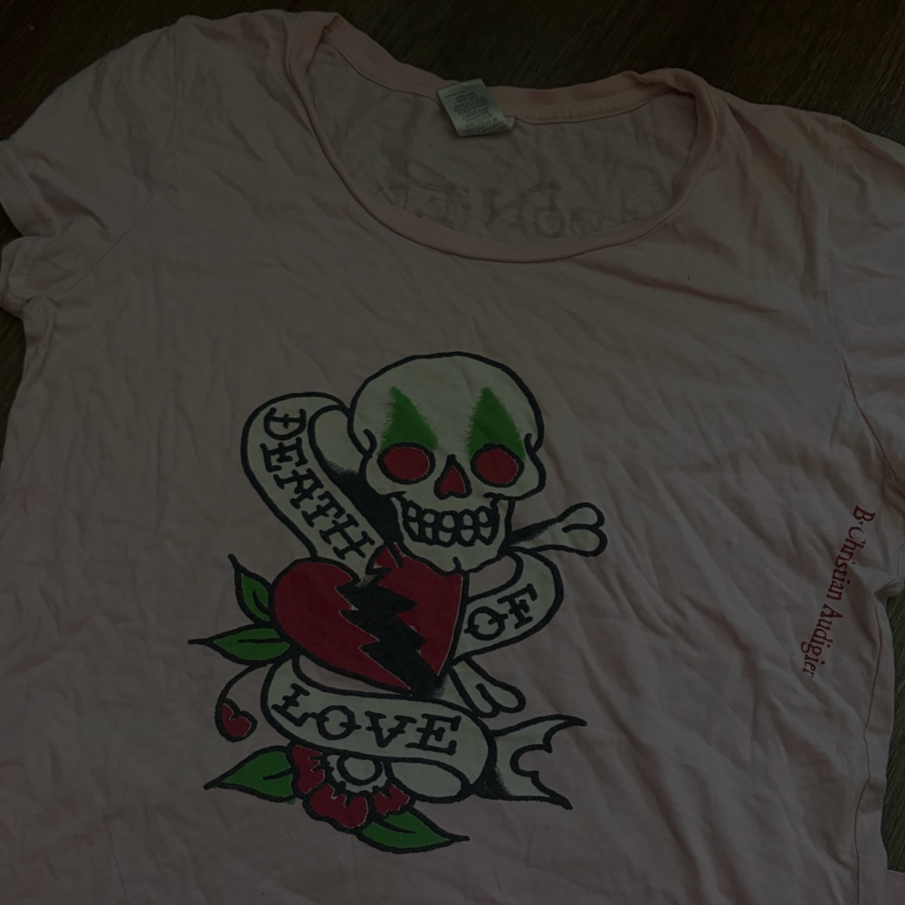 Pink Ed Hardy Tee with Skull and Heart Design
